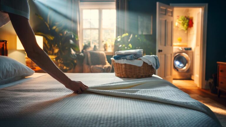 Illustration of washing bedding on Sunday to boost sleep quality
