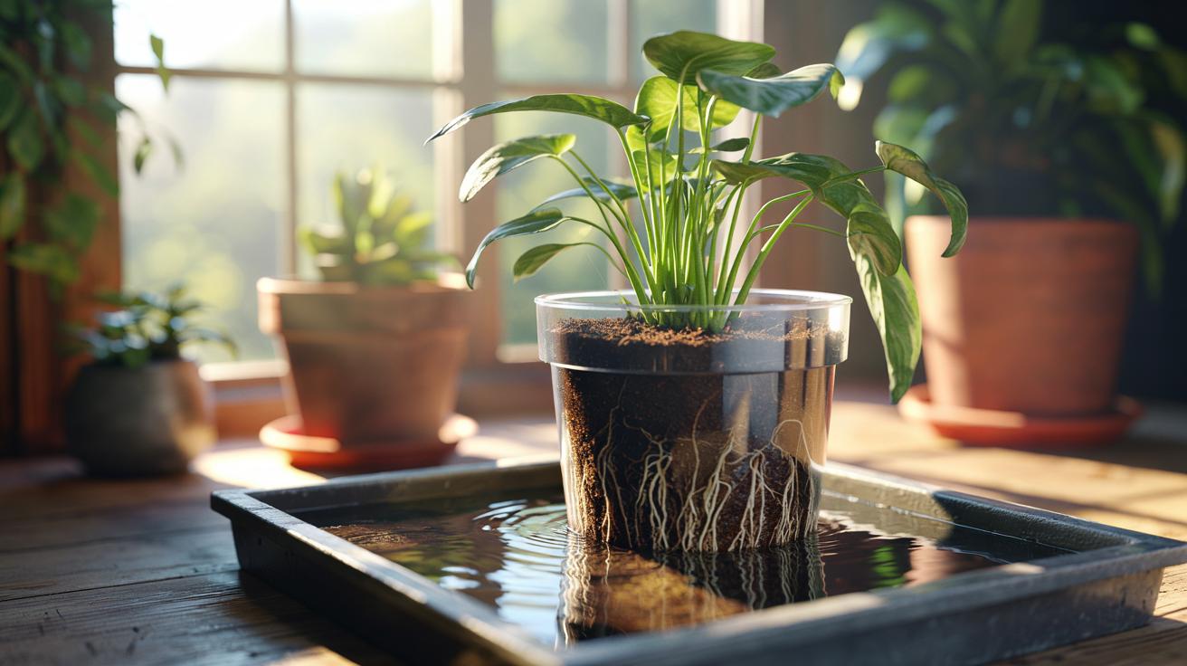 Illustration of potted plants sitting in a shallow water tray, wicking moisture upward through drainage holes to prevent root damage.