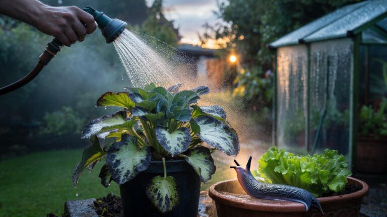 Illustration of evening garden watering with lingering moisture on leaves, increasing disease risk and attracting slugs.