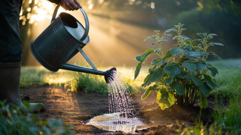 Illustration of morning watering of garden plants to reduce leaf wetness and prevent fungal growth