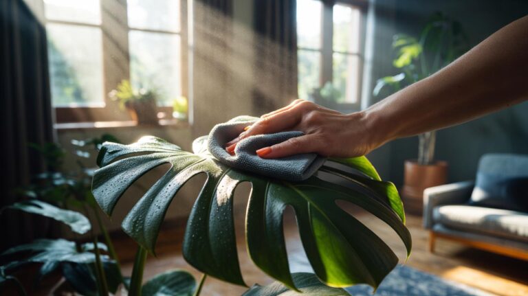 Illustration of a hand using a damp cloth to wipe dust from houseplant leaves to improve photosynthesis