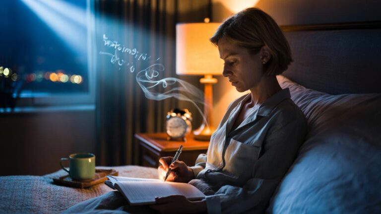 Illustration of a person journaling by hand before bed to calm the mind and improve sleep