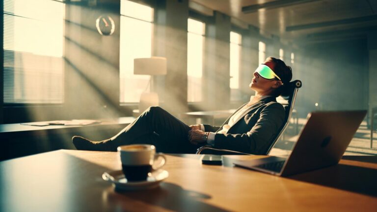 Illustration of a worker taking a short afternoon nap in a quiet office while an untouched coffee cup sits nearby, symbolising higher productivity from napping than caffeine