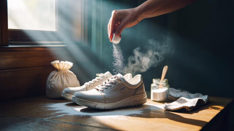Illustration of baking soda sprinkled inside shoes to absorb sweat and neutralise odour