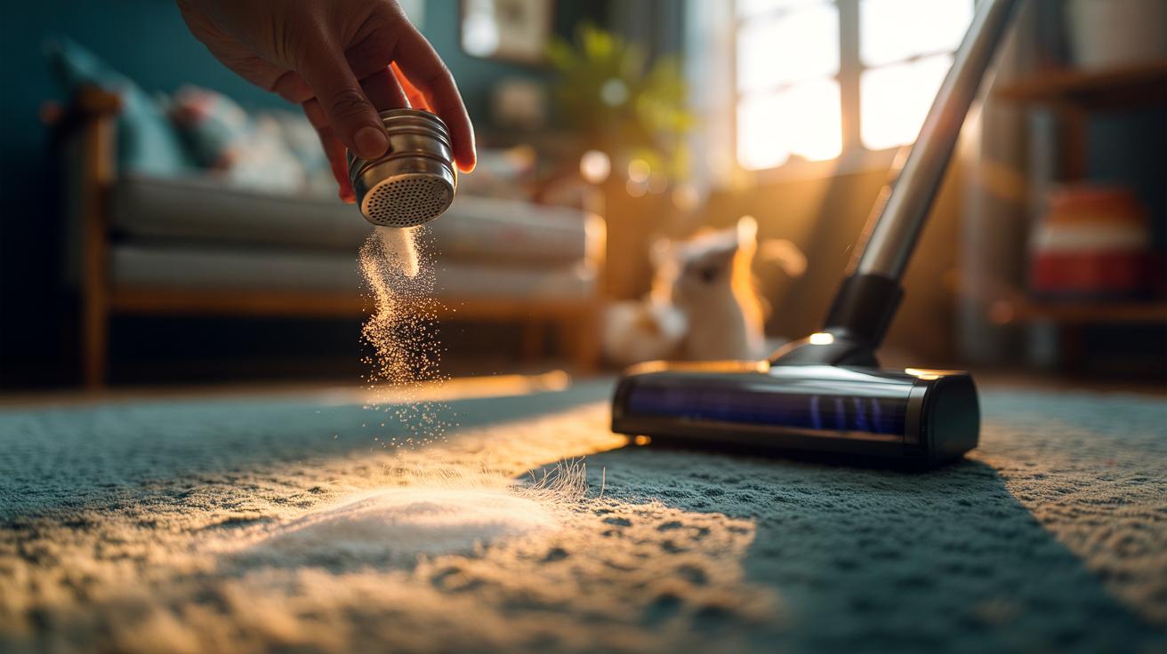 Illustration of baking soda being sprinkled on a carpet to lift pet hair for easier vacuum removal