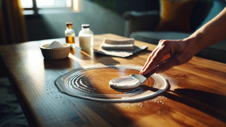 Illustration of baking soda paste being applied to a white ring mark on a wooden table, with gentle fizz lifting trapped moisture