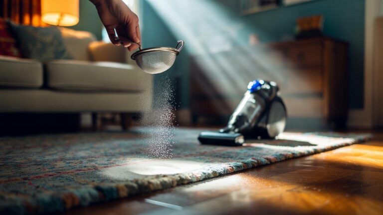 Illustration of baking soda applied in a thin layer beneath a rug to invisibly neutralise odours