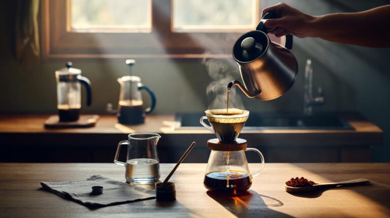 Illustration of the 5-2-1 coffee brewing method at home, showing a simple pour-over with a bloom and finish pour, one gentle stir, and basic tools such as a kettle, spoon, and measuring jug.