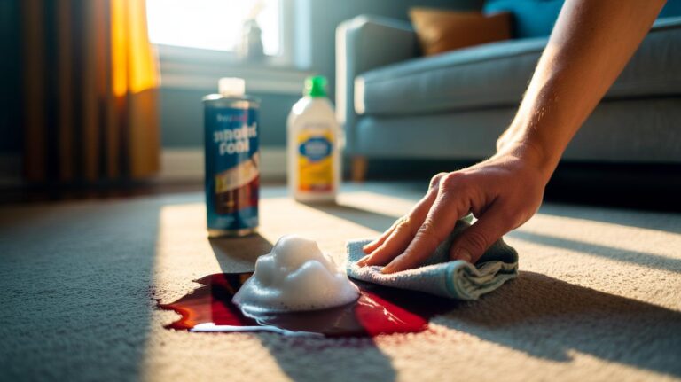 Illustration of shaving foam being applied to a carpet stain and blotted with a white cloth.