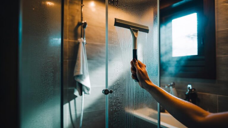 Illustration of a hand using a squeegee on a glass shower door to prevent soap scum