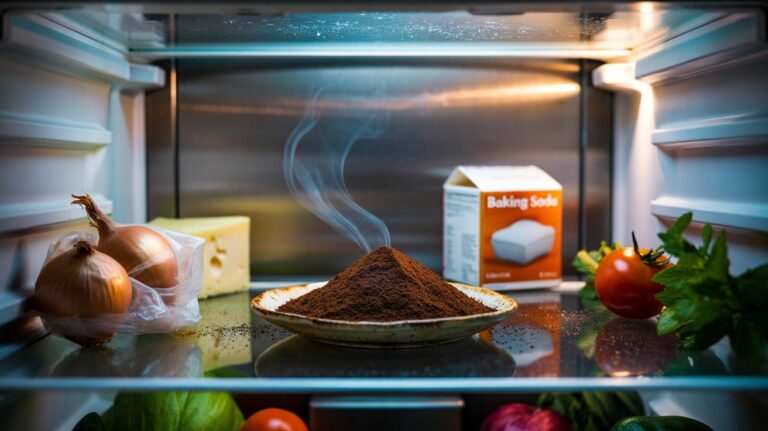 Illustration of used coffee grounds in a shallow dish on a refrigerator shelf to absorb odours, with a box of baking soda for comparison