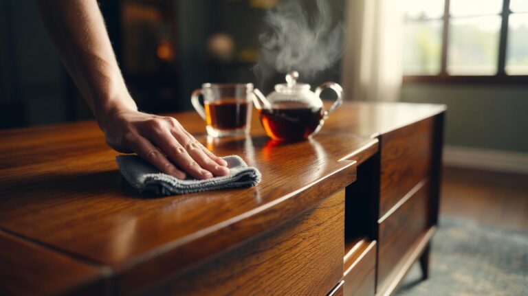 Illustration of a hand polishing a wooden table with a lint-free cloth dampened with black tea, a cooled teacup visible nearby