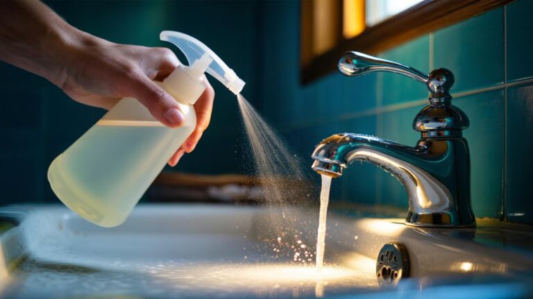 Illustration of a hand spraying white vinegar onto a limescale-stained chrome bathroom tap