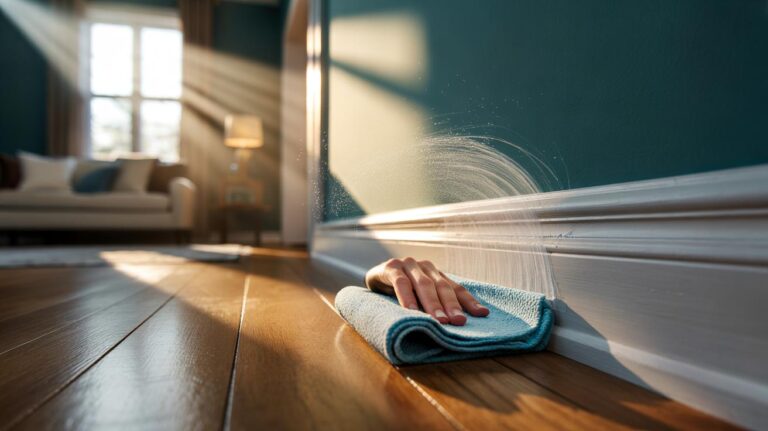 Illustration of a hand wiping a baseboard with a used dryer sheet to repel dust