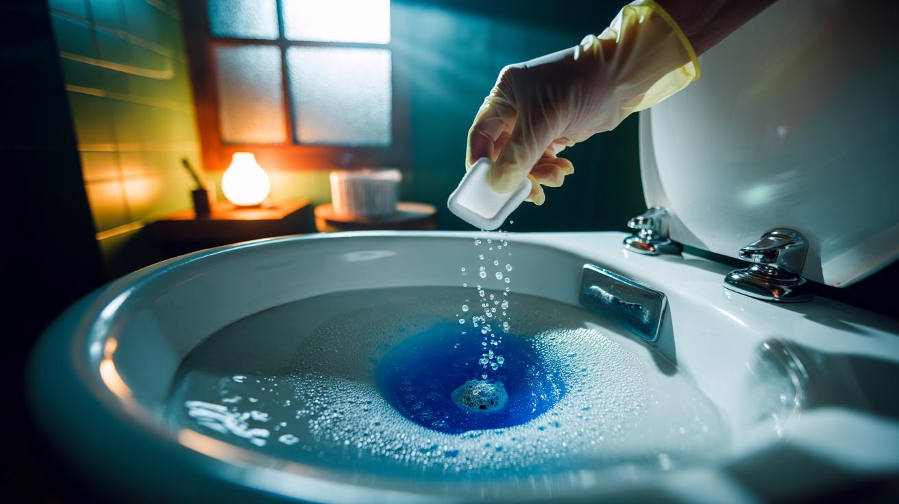 Illustration of denture tablets fizzing in a toilet bowl for overnight cleaning