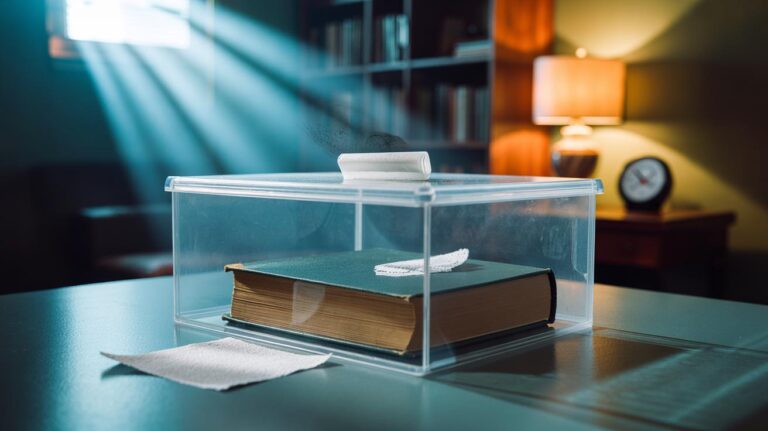 Illustration of a book in a sealed container with a dryer sheet beside the pages to reduce musty odour