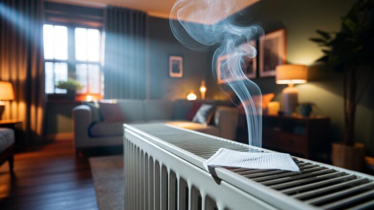 Illustration of a dryer sheet placed on a warm radiator releasing fragrance into a living room
