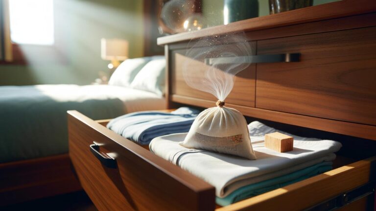 Illustration of a dryer sheet sachet tucked inside a clothing drawer to keep garments fresh for months