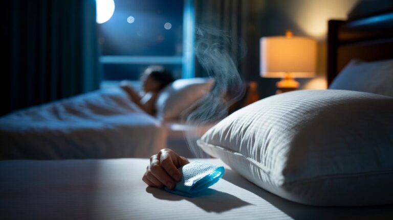 Illustration of a dryer sheet tucked under a pillow to aid sleep by providing a calming scent