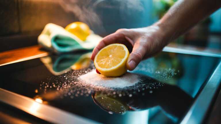 Illustration of using lemon and coarse salt to remove stubborn oven grease without harsh chemicals