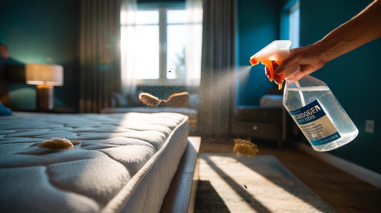 Illustration of a hand using a fine-mist spray bottle with 3% hydrogen peroxide on a mattress to kill dust mites, avoiding expensive covers