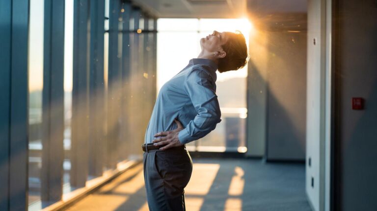 Illustration of a person performing a 10-second standing back extension to relieve lower-back pain, without a yoga mat or gym equipment