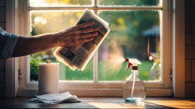 Illustration of a hand using crumpled newspaper to clean a window, with a spray bottle nearby