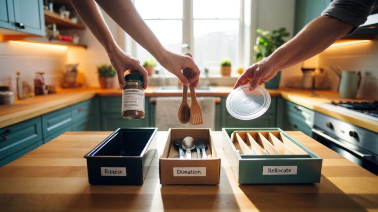 Illustration of the 3-item purge rule in a tidy kitchen, with three items being sorted into Rubbish, Donate, and Relocate boxes