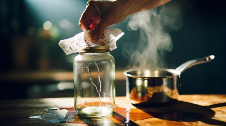 Illustration of hot vinegar applied with a warm cloth to lift a price tag from a glass jar