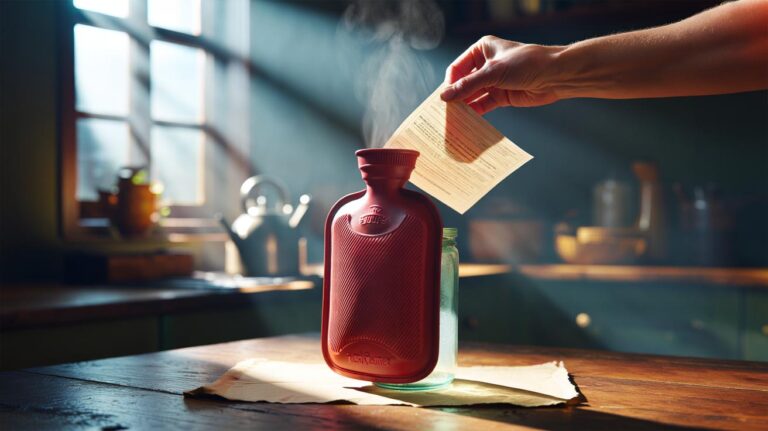 Illustration of a hot water bottle warming a glass jar label to soften adhesive for a clean peel