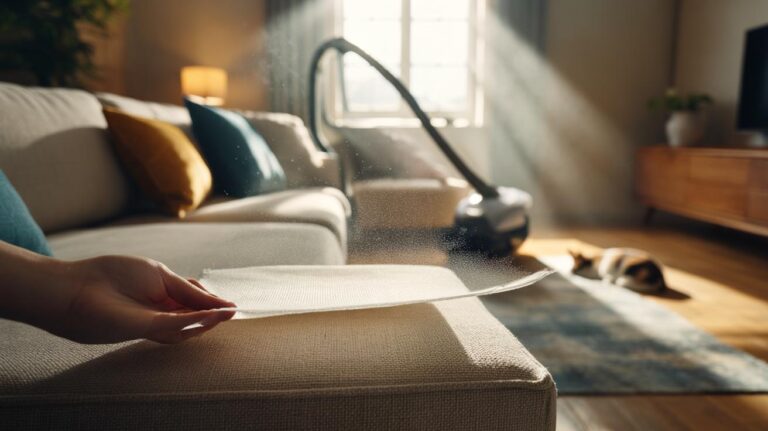 Illustration of a person placing dryer sheets under a sofa cushion to keep the sofa dust-free