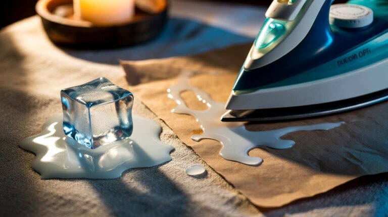 Illustration of [an ice cube hardening spilled wax on fabric while a warm iron transfers the residue into brown paper]