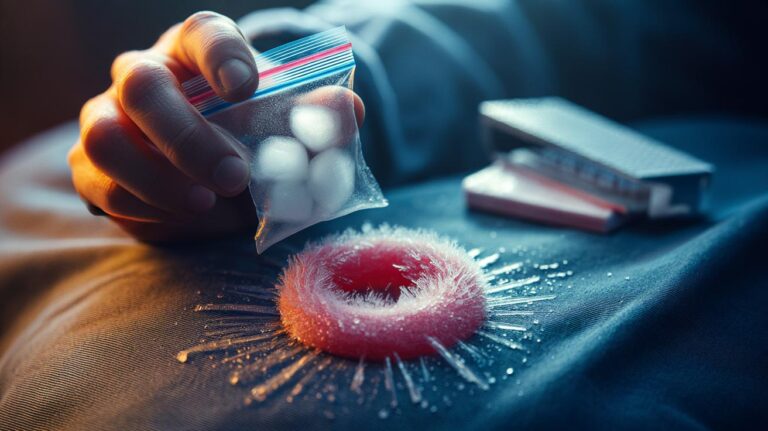 Illustration of a bagged ice cube pressed against a wad of chewing gum to freeze it until brittle for easy removal from fabric