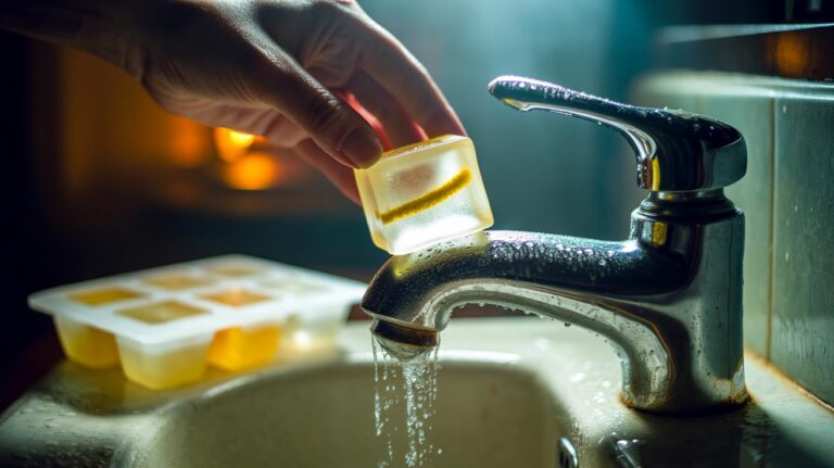 Illustration of an ice cube tray filled with frozen vinegar cleaning cubes used to melt limescale and disinfect household fixtures