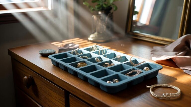 Illustration of an ice cube tray repurposed as a jewellery organiser, with rings, studs, and necklaces sorted into individual slots on a dresser
