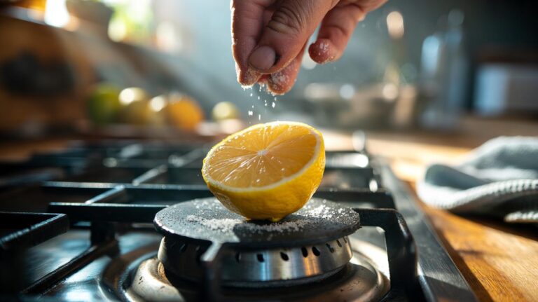 Illustration of a lemon half cleaning greasy hob rings with coarse salt
