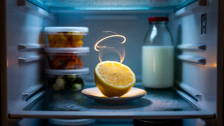 Illustration of a cut lemon half placed on a saucer inside a refrigerator to neutralise odours
