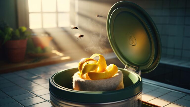 Illustration of lemon peels placed inside a household bin to repel flies