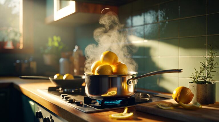 Illustration of lemon peels simmering in a saucepan on a kitchen hob, releasing citrus steam to neutralise cooking odours