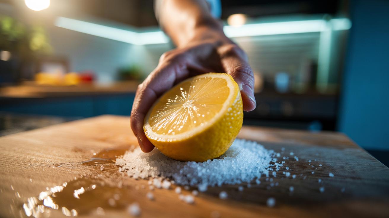Illustration of a halved lemon and coarse salt being used to scrub a chopping board to lift stains and reduce bacteria