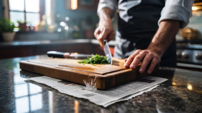 Illustration of a damp newspaper sheet placed beneath a cutting board on a kitchen worktop to stop it from slipping