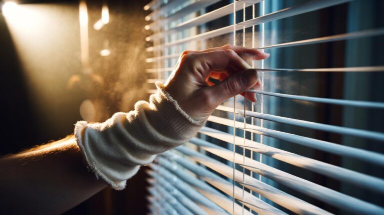 Illustration of an old sock over a hand dusting Venetian blinds using static electricity