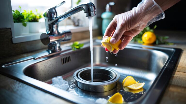 Illustration of a professional cleaner dropping lemon peel pieces into a kitchen garbage disposal to keep the sink smelling fresh for days