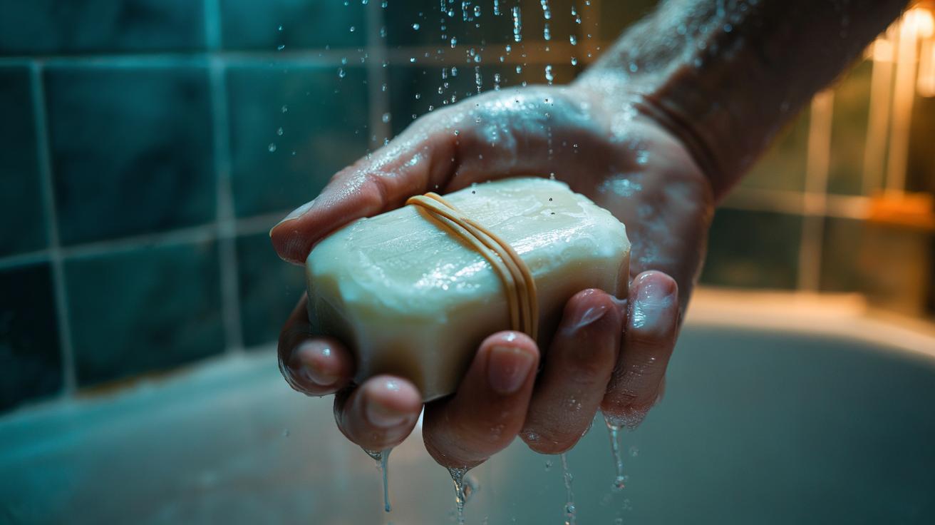 Illustration of a bar of soap with a rubber band wrapped around it to prevent slipping