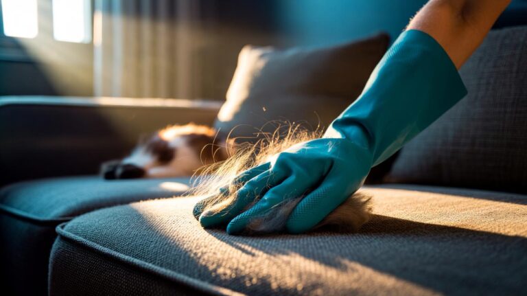 Illustration of a rubber glove using static electricity to lift pet hair from upholstery