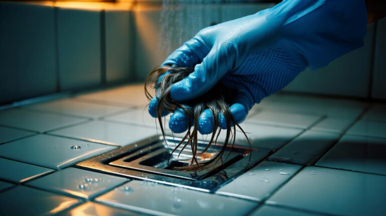 Illustration of a textured rubber glove pulling hair from a bathroom drain