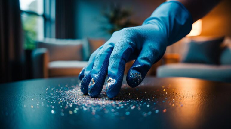 Illustration of a textured rubber glove lifting glitter specks from a hard surface