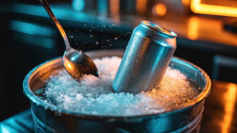 Illustration of a salt-and-ice slurry chilling beverage cans in about two minutes by lowering the freezing point