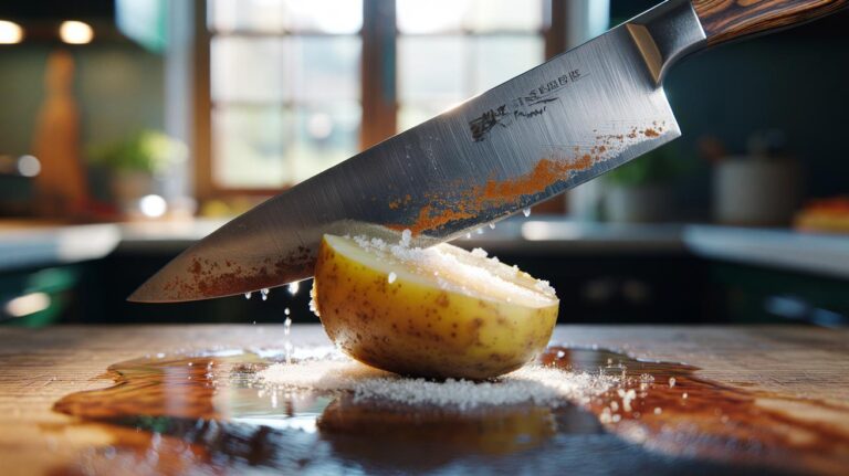 Illustration of a halved potato and coarse salt rubbing rust off a steel kitchen knife