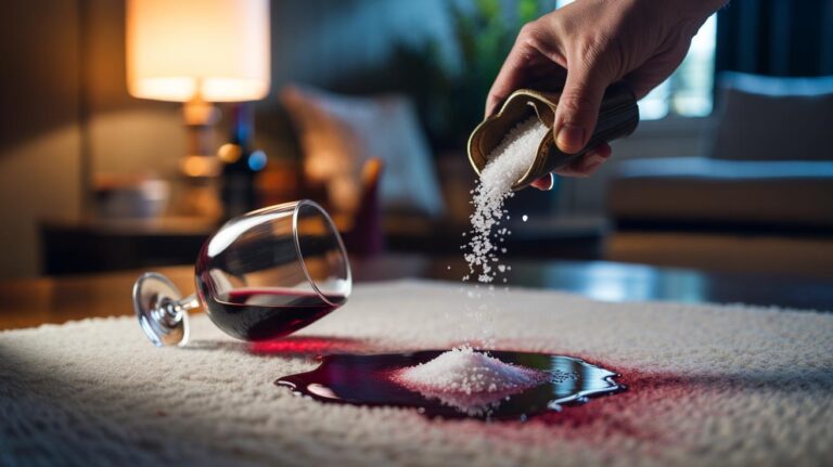 Illustration of salt being poured onto a fresh red wine spill on a carpet to absorb the stain